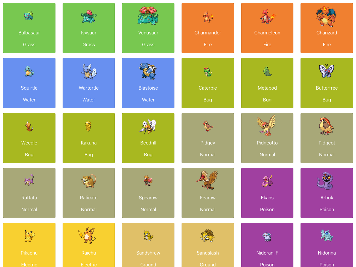 The PokéDex web app: a grid of Generation-1 Pokémon on type-colored tiles